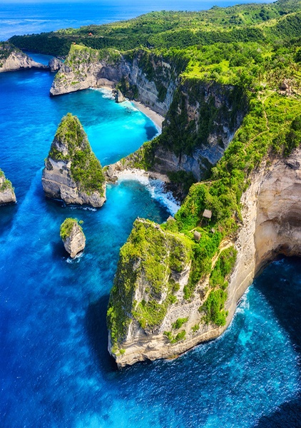 panoramic aerial view sea rocks blue water background from top view atuh beach nusa penida bali indonesia travel image